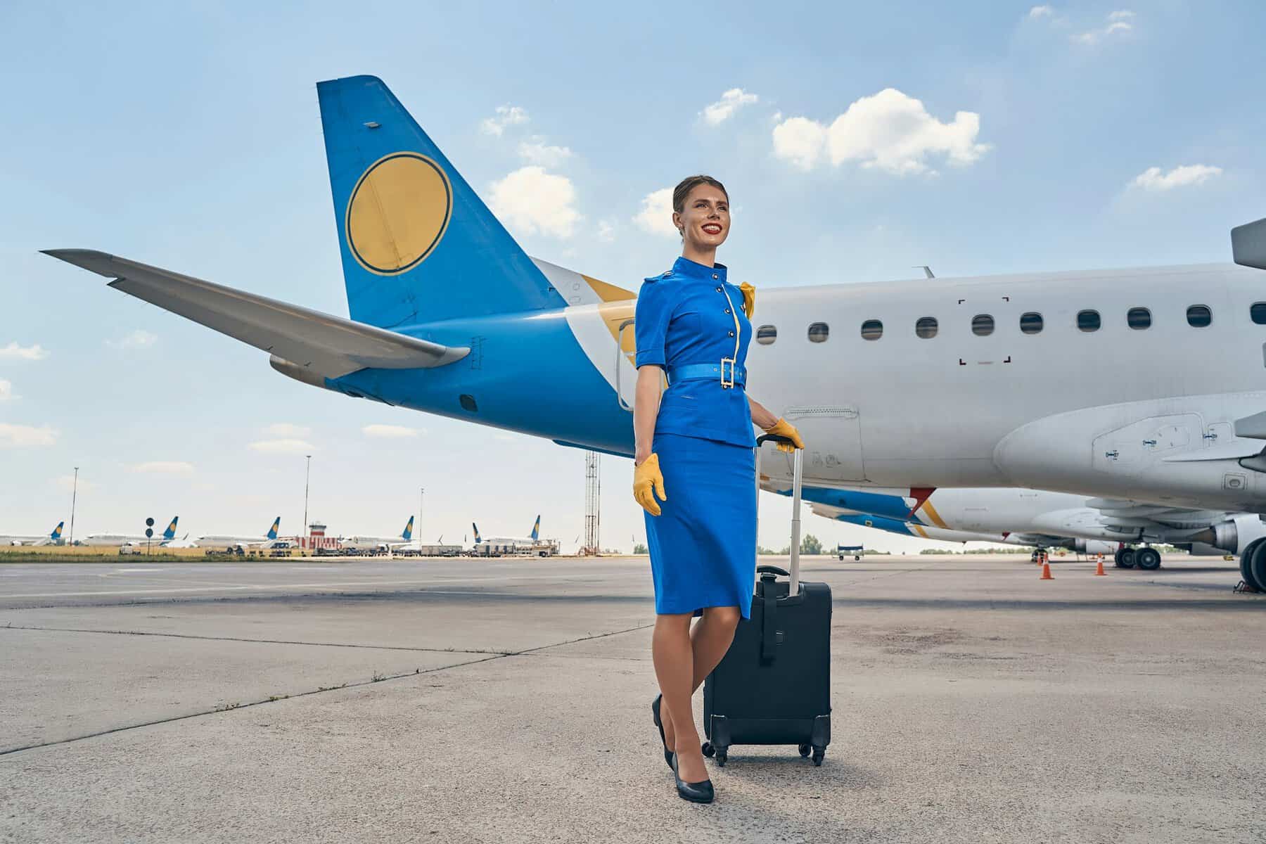 Airline employee standing with the baggage at the aerodrome